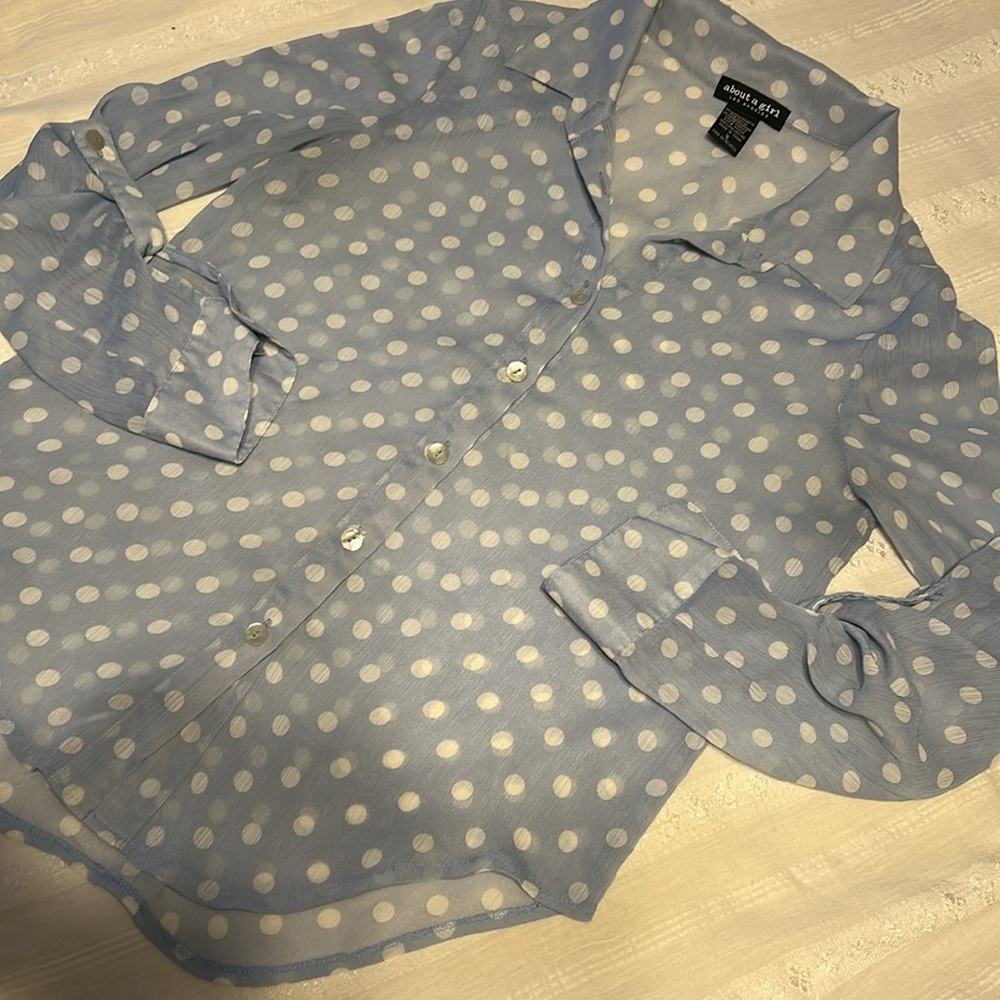 Ladies About a Girl Baby Blue White Polka Dot Blouse